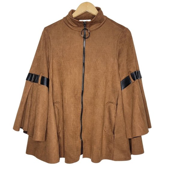 Joseph Ribkoff Size 8 Brown Vegan Suede Swing Jacket Bell Sleeves Full Zip‎ - Picture 1 of 5